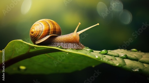 A snail in close-up on a large green leaf. The edible snail is a common large European land snail. Beauty is in nature.