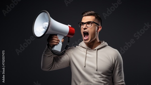 Young man announces using a megaphone