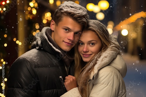 Couple sharing warmth on snowy night with city lights