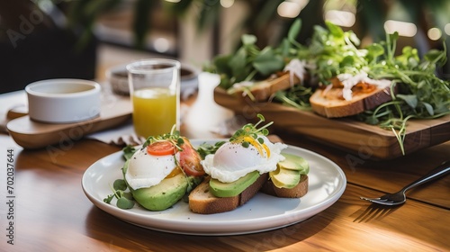 Delicious breakfast spread with avocado toast, poached eggs, fresh juice and coffee