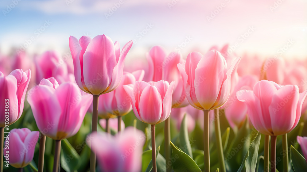 Amazing pink tulip flowers blooming in a tulip field, against the white ground of blurry tulip flowers