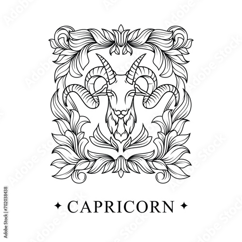 Zodiac Capricorn horoscope sign line art silhouette design vector illustration. Creative decorative elegant linear astrology zodiac Capricorn emblem template for logo or poster decoration