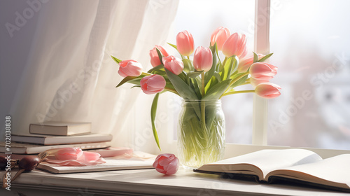 Happy Easter. Bouquet of pink tulip in the clear glass vase with opened books near window #702038838