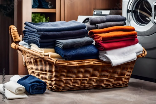 Laundry cloths are stacked in a wicker basket for washing service at the utility or bathroom counter