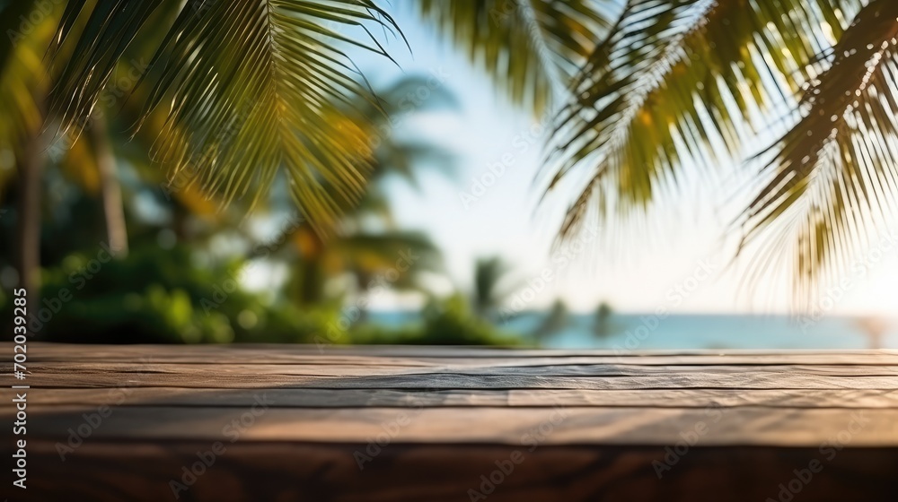 Empty wide Table top wooden bar with blurred beautiful beach scene background coconut leaf on frame for product display mockup outside summer day time. Resort clean wood desk board on nature view. Empty wide Table top wooden bar with blurred beautiful beach scene background coconut leaf on frame for product display mockup outside summer day time. Resort clean wood desk board on nature view.