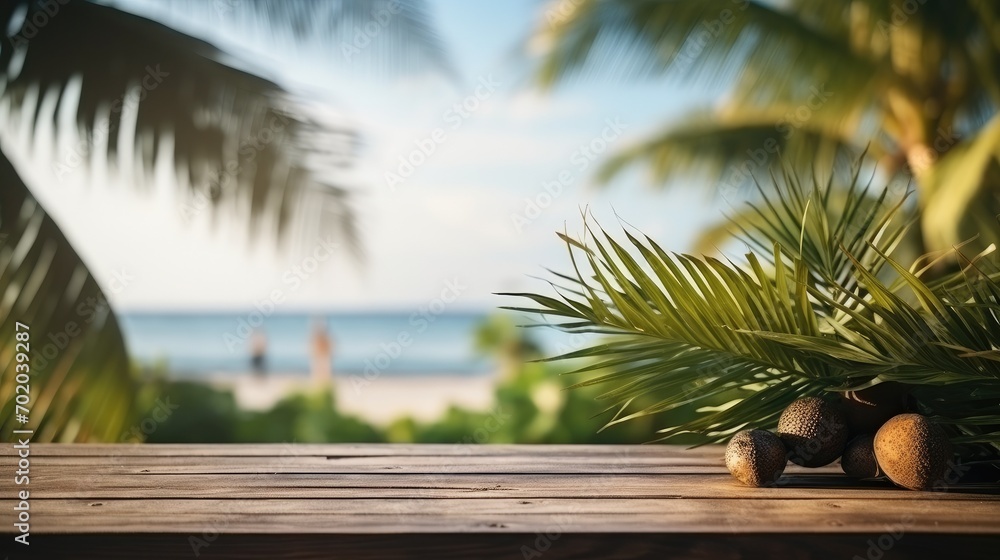 Empty wide Table top wooden bar with blurred beautiful beach scene background coconut leaf on frame for product display mockup outside summer day time. Resort clean wood desk board on nature view.