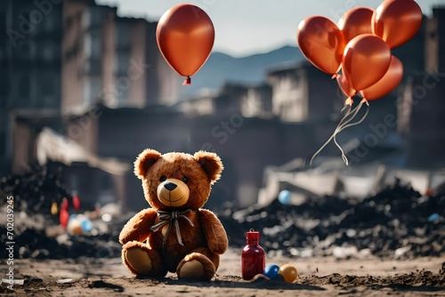 Toy teddy bear for kids featuring balloons over a burned-out city after a battle, an earthquake, or the smoke and flames from a world war
