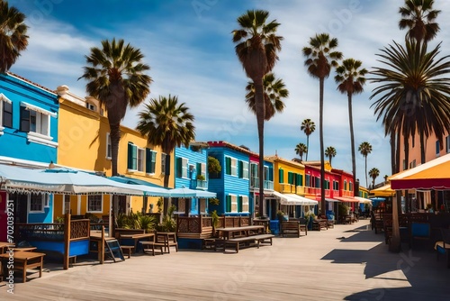 Warm summer light fills the beach boardwalk, dotted with colorful homes and palm trees, all under a blue sky with clouds © Stone Shoaib