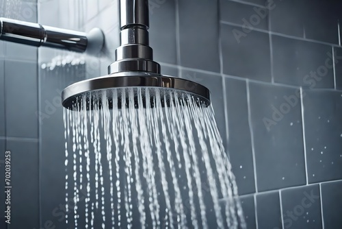 Water rushing from the shower head in a grey bathroom shower
