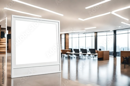 White blank frame mockup for corporate branding with a modern business office backdrop