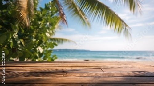 Empty Wooden Table with Tropical Beach and Palm Tree View - Serene Vacation Background  Escape to Paradise  Sunny Tropical Beach Getaway with Coconuts  Palms  and Ocean View