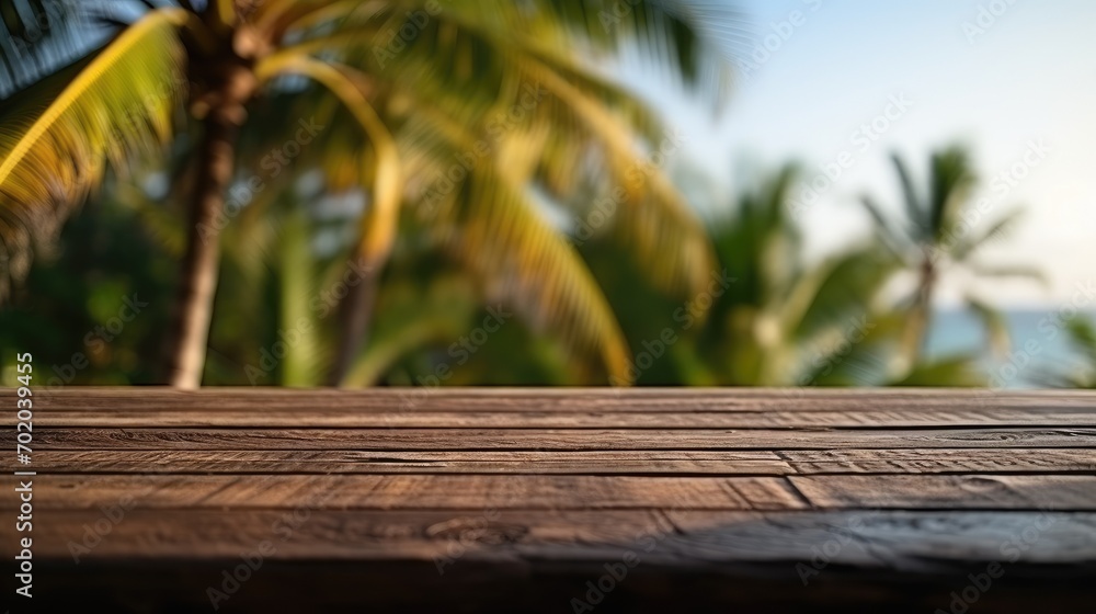Empty wide Table top wooden bar with blurred beautiful beach scene background coconut leaf on frame for product display mockup outside summer day time. Resort clean wood desk board on nature view. Empty wide Table top wooden bar with blurred beautiful beach scene background coconut leaf on frame for product display mockup outside summer day time. Resort clean wood desk board on nature view.