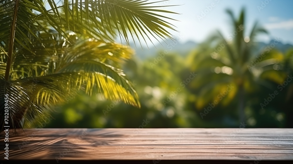 Empty wide Table top wooden bar with blurred beautiful beach scene background coconut leaf on frame for product display mockup outside summer day time. Resort clean wood desk board on nature view. Empty wide Table top wooden bar with blurred beautiful beach scene background coconut leaf on frame for product display mockup outside summer day time. Resort clean wood desk board on nature view.