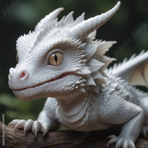 A realistic small and cute white dragon in the wild
