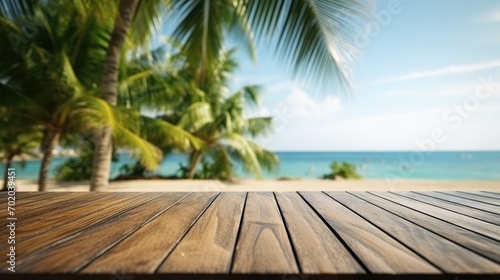 Empty Wooden Table with Tropical Beach and Palm Tree View - Serene Vacation Background, Escape to Paradise: Sunny Tropical Beach Getaway with Coconuts, Palms, and Ocean View