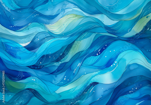 Magical fairytale ocean waves background. Unique blue and yellow wavy swirls of magic water. Fairytale navy, turquoise aqua sea waves. Children’s book waves kids nursery cartoon illustration by Vita
