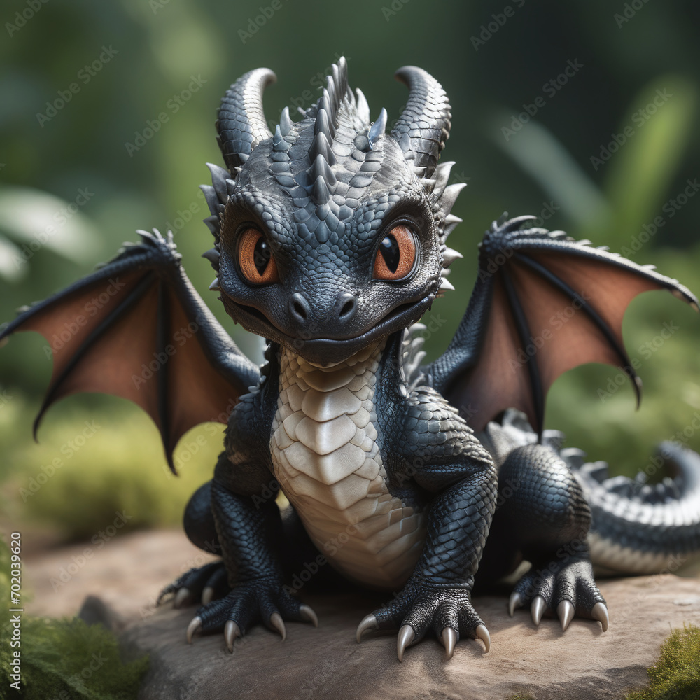 Cute baby black dragon like creature, in the green forest background Cute baby black dragon like creature, in the green forest background
