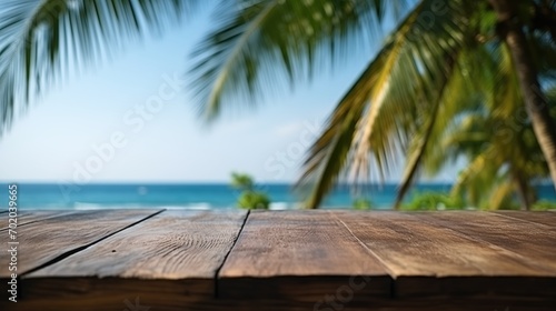 Empty Wooden Table with Tropical Beach and Palm Tree View - Serene Vacation Background, Escape to Paradise: Sunny Tropical Beach Getaway with Coconuts, Palms, and Ocean View