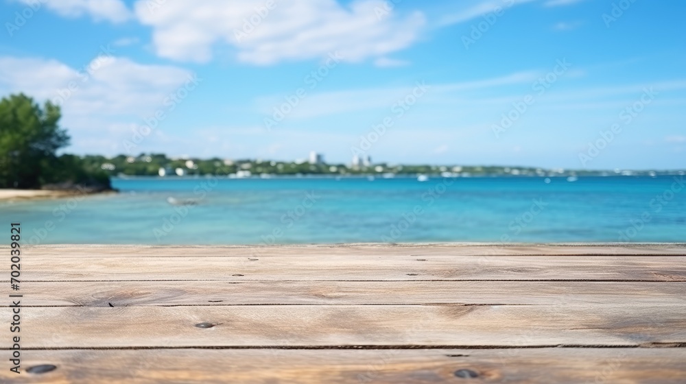 Tropical Serenity: Wooden Deck Overlooking a Blurred Beach Paradise, Discover Tranquil Tropical Paradise on a Wooden Deck with Azure Ocean View, a Perfect Relaxation Getaway in Serene Coastal Setting