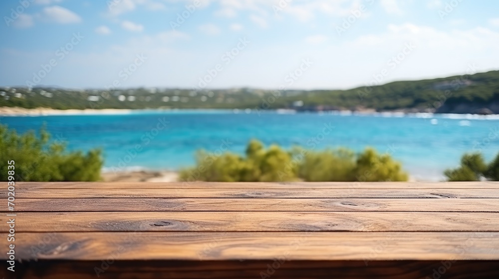 Fototapeta premium Empty wide Table top wooden bar with blurred beautiful beach scene background coconut leaf on frame for product display mockup outside summer day time. Resort clean wood desk board on nature view.
