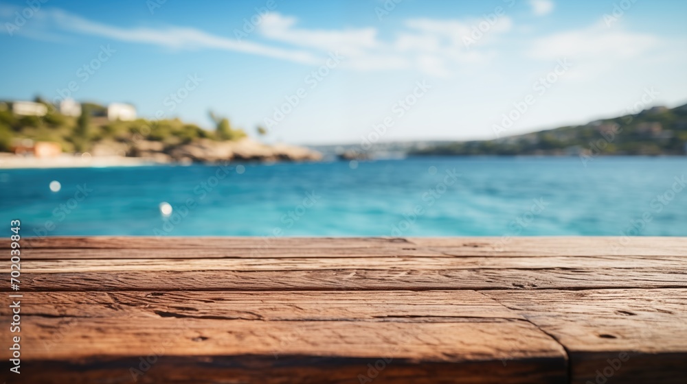 Fototapeta premium Empty wide Table top wooden bar with blurred beautiful beach scene background coconut leaf on frame for product display mockup outside summer day time. Resort clean wood desk board on nature view.