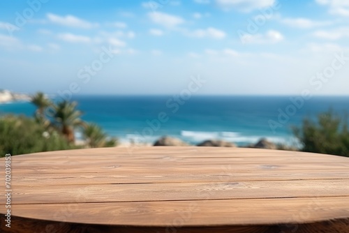 Tropical Serenity: Wooden Deck Overlooking a Blurred Beach Paradise, Discover Tranquil Tropical Paradise on a Wooden Deck with Azure Ocean View, a Perfect Relaxation Getaway in Serene Coastal Setting