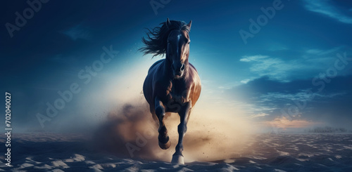 Thoroughbred horse run gallop in dust against. Fast free animal