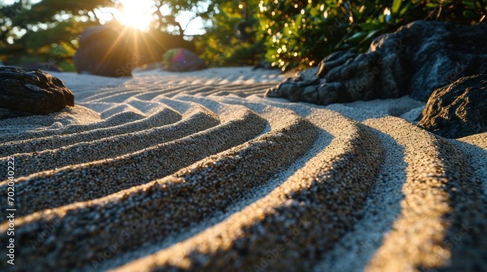 The early morning sun illuminates sand patterns on a beach, creating a natural artwork that invites peaceful reflection and a sense of calm. The early morning sun illuminates sand patterns on a beach, creating a natural artwork that invites peaceful reflection and a sense of calm.