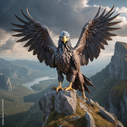 A mighty griffin, a beast of mythology and legend, half eagle, half lion, perches standing on the capped mountains. Wings spread, this fantasy creature focus into the wind. 3D Rendering