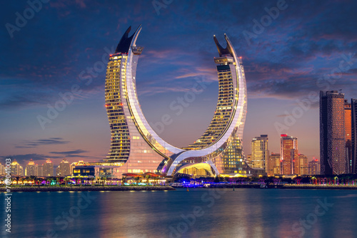 Lusail, Qatar - December 26, 2023: Lusail Marina Park. Lusail Skyline view after sunset photo