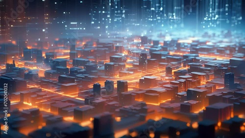 An abstract visualization of a virtual city, with AI agents constantly analyzing and optimizing its spatial layout and functionality, demonstrating the potential of spatial computing for photo
