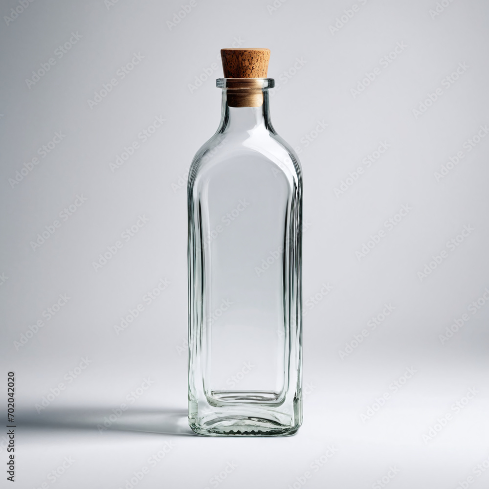 unique shape of clear glass empty bottle, for drink, medicine, perfume, alcohol, wine or vodka bottle with wooden cap. Isolated on gray background. Stock mock up. unique shape of clear glass empty bottle, for drink, medicine, perfume, alcohol, wine or vodka bottle with wooden cap. Isolated on gray background. Stock mock up.