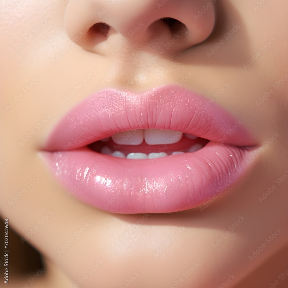 Close up lips of woman, pink lipstick, Radiant, Youthful, Glowing, Flawless, Elegance, Chic, Alluring, Timeless, Glamorous, Confidence, beautiful white teeth, mouth slightly open Close up lips of woman, pink lipstick, Radiant, Youthful, Glowing, Flawless, Elegance, Chic, Alluring, Timeless, Glamorous, Confidence, beautiful white teeth, mouth slightly open