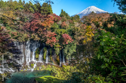 Shiraito water fall during autumn season with mountain fuji background