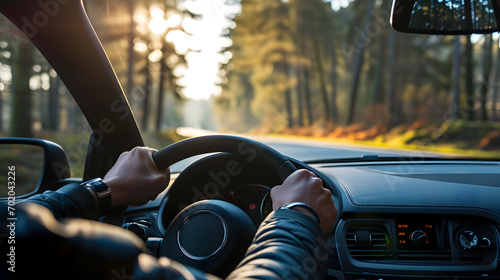 Hands of driver on steering wheel in mountain road between forest, driving car, view from inside, road trip.