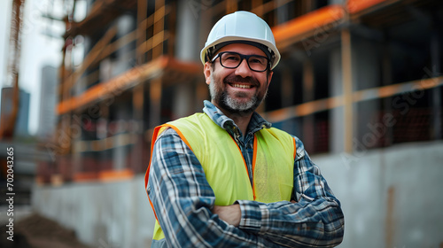 a engineer or architect wearing safety uniform and hard hat. smiling looking at camera at a construction site, front view, background, wallpaper.