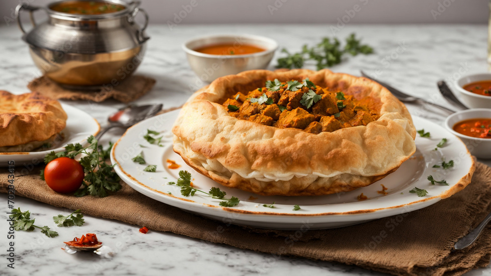 Capture the essence of Indian cuisine with a vibrant stock photo featuring golden-brown Bhature placed on a pristine white plate Capture the essence of Indian cuisine with a vibrant stock photo featuring golden-brown Bhature placed on a pristine white plate