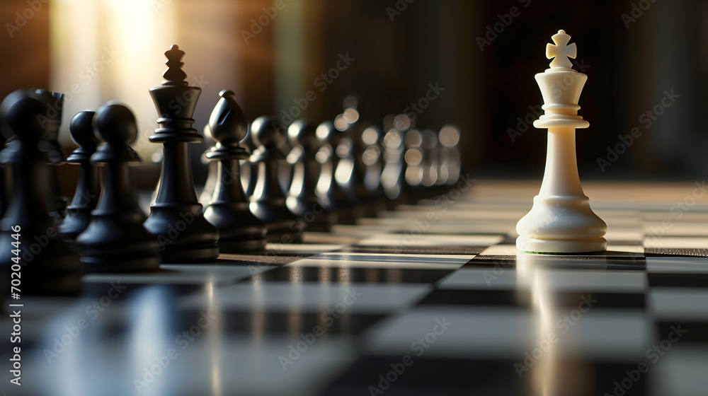 White Chess King with black pawns on chessboard. concept of business strategy and success.