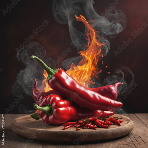 Spicy Fire  Red chili peppers sharp red siliculose pepper against a smoke and flame  Smoldering chili pepper adding spice to dishes  Red hot chili peppers