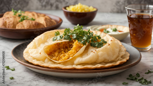 Showcase the art of Bhature presentation by capturing a close-up shot of a plate adorned with perfectly cooked and puffed Bhature.