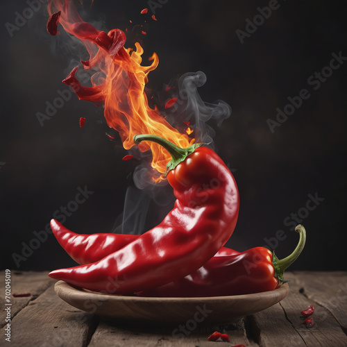 Spicy Fire  Red chili peppers sharp red siliculose pepper against a smoke and flame  Smoldering chili pepper adding spice to dishes  Red hot chili peppers