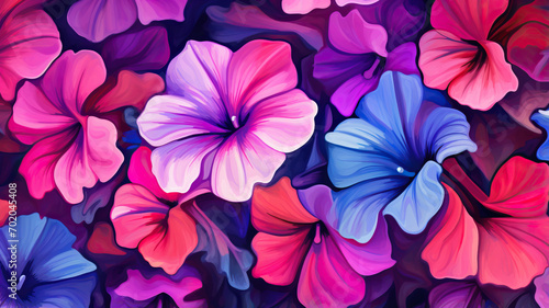 colorful petunia flowering plant flowers and green leaves wall background  © PNG