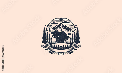 bull on mountain forest vector logo flat design