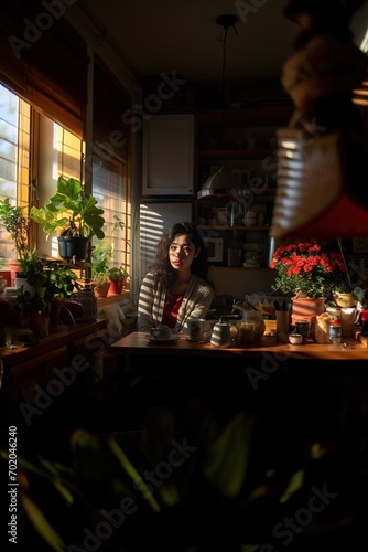 young asian woman enjoying a cup of coffee in the comfort of her home.