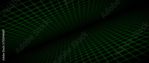 Glowing neon wireframe room background. Green grid room floor and ceiling in perspective. Bright retro futuristic wallpaper. Abstract checkered spinning landscape. Game horizon surface. Vector