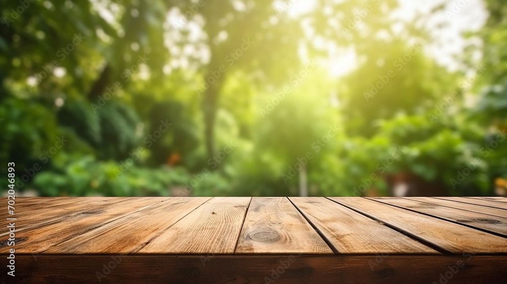 wooden table space with green home backyard view blurred background wooden table space with green home backyard view blurred background