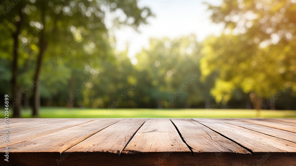 wooden table outside in park with blurred tree as background