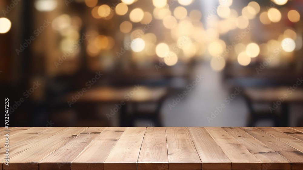 empty light wooden table top with blurred in coffee shop