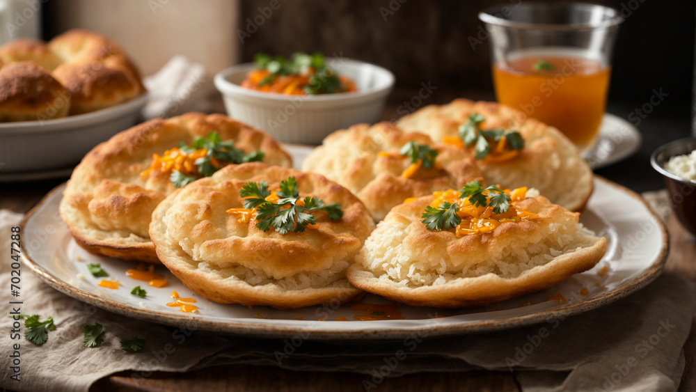 Bhature with a close-up shot, placing them on a clean white plate Bhature with a close-up shot, placing them on a clean white plate