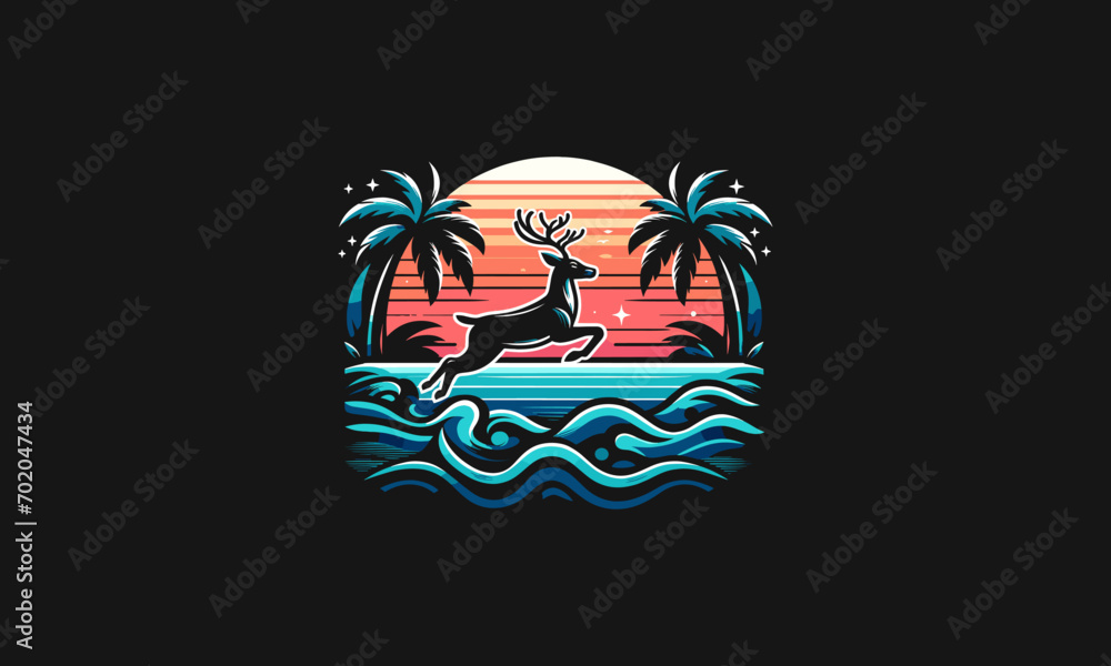 Naklejka premium deer jump on beach and palm vector logo design